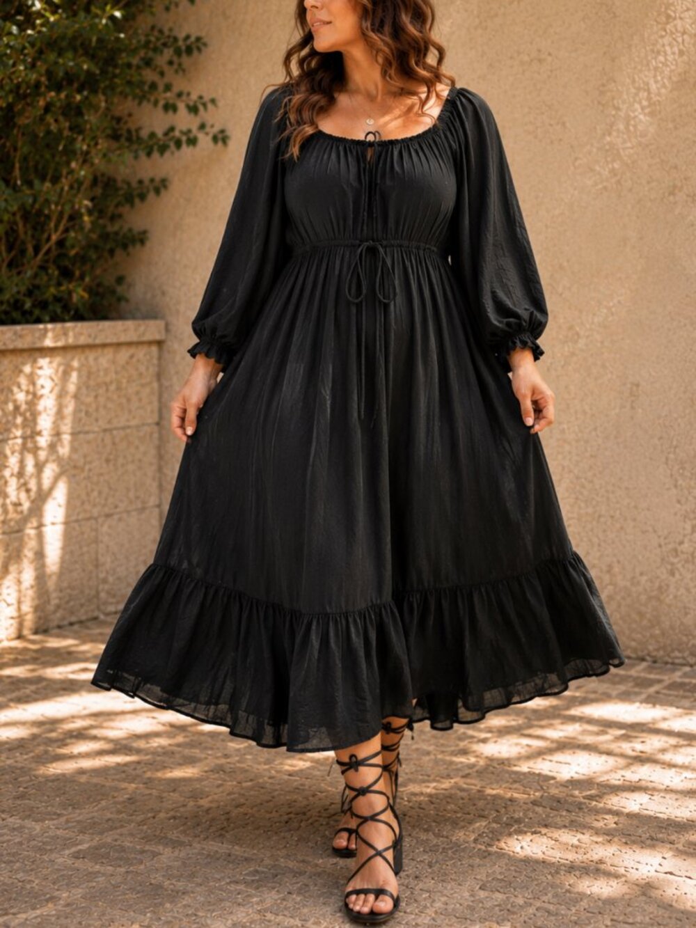 Black Boho Maxi Dress with Long Sleeves
